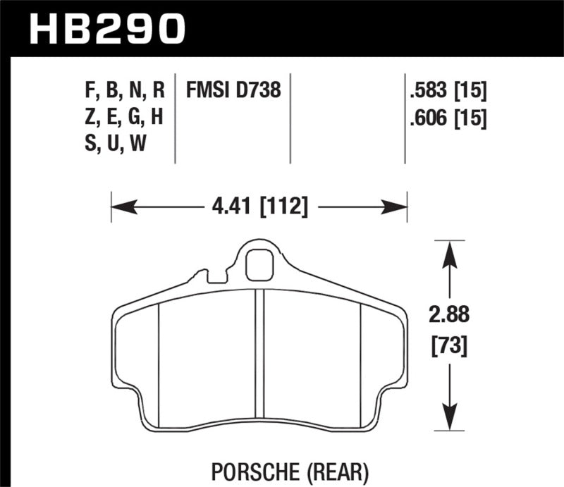 Hawk DTC-30 Rear Brake Pads - 97-99 Porsche Boxster 2.5L Base 4-Piston Caliper (HB290W.606) (pad drawing)