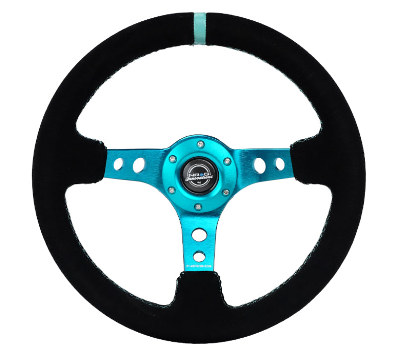 NRG Reinforced Steering Wheel (350mm/ 3in. Deep) Black Suede/ Teal Center Mark/ Teal Stitching (RST-006S-TL)