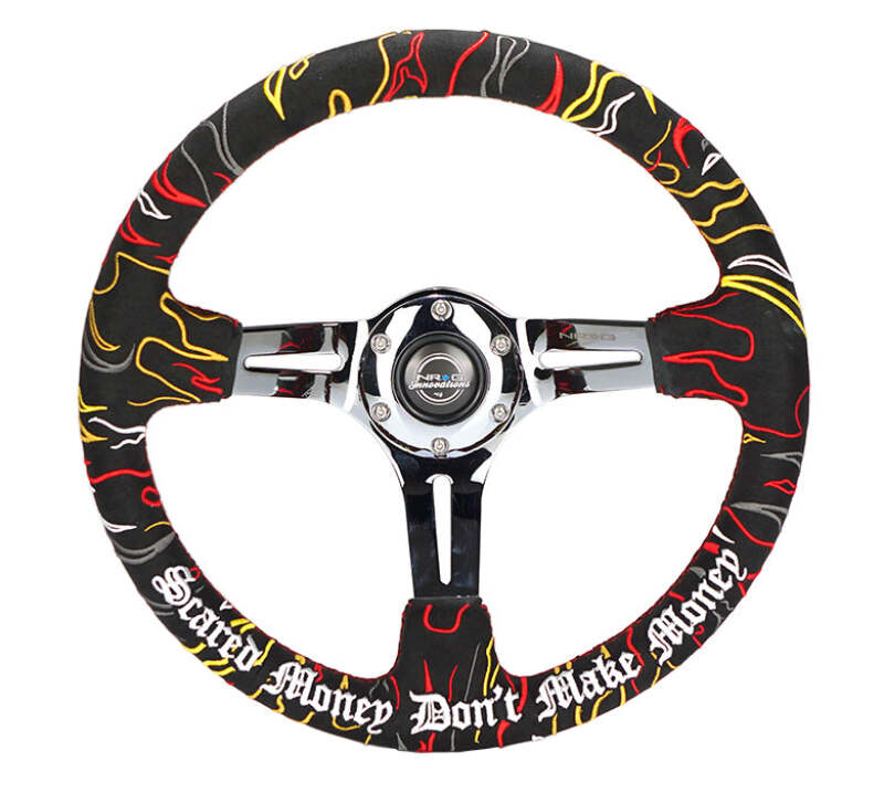 NRG Reinforced Steering Wheel R Litteral Sig 3in Deep/5mm Chrome Spoke - Black Alcantara w/ Red Stitch (RST-018CH-RLB)