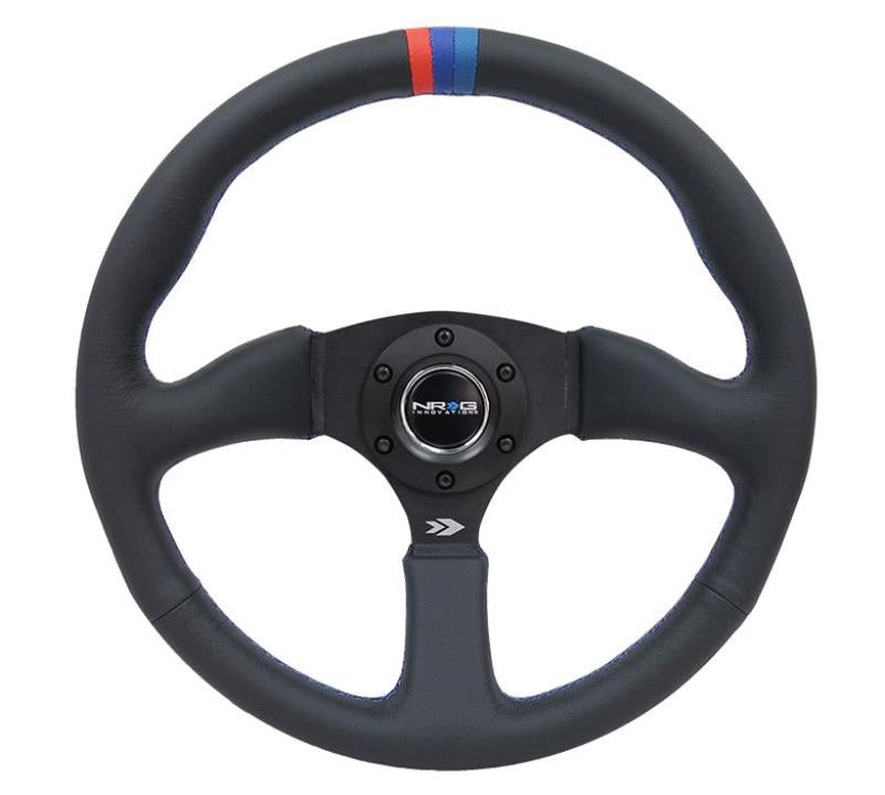 NRG Reinforced Steering Wheel (350mm / 2.5in Deep) Black Leather w/ M3 stitch Matte Black 3-Spoke Center (RST-023MB-R-M3)