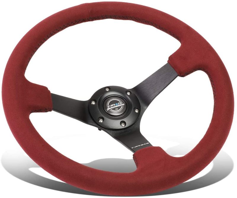 NRG Reinforced Steering Wheel (350mm/ 3in. Deep) Black Spoke/ Burgundy Alcantara w/ Black Stitch (RST-036MB-BUA)