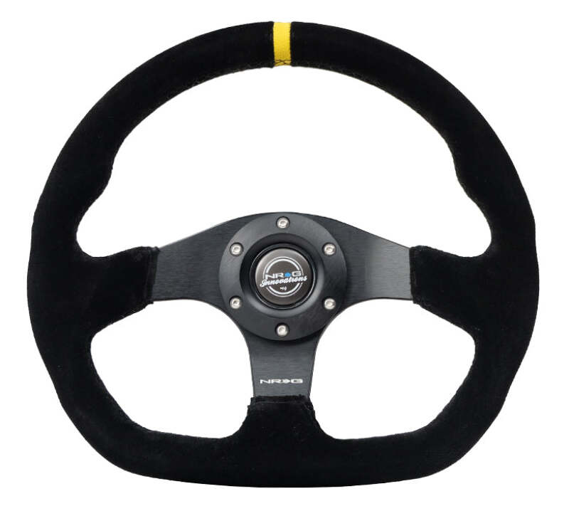 NRG Reinforced Steering Wheel (320mm) Sport Suede Flat Bottom w/ Yellow Center Mark (RST-024MB-S-Y)