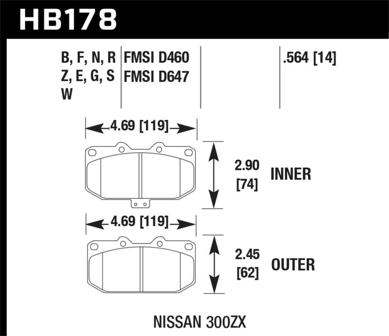 Hawk HP+ Front Brake Pads - 06-07 WRX / 89-96 Nissan 300ZX / 89-93 Skyline GT-R (HB178N.564) (pad drawing)