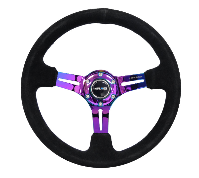 NRG Reinforced Steering Wheel (350mm / 3in. Deep) Black Suede/Black Stitch w/ Neochrome Slits (RST-018S-MCBS)