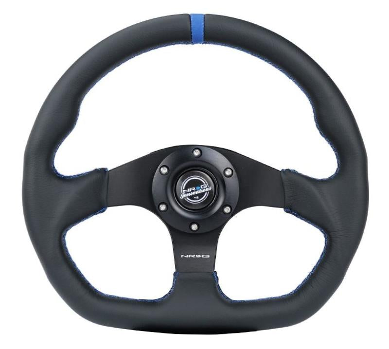 NRG Reinforced Steering Wheel (320mm) Sport Leather Flat Bottom w/ Blue Center/ Blue Stitching (RST-024MB-R-BL)
