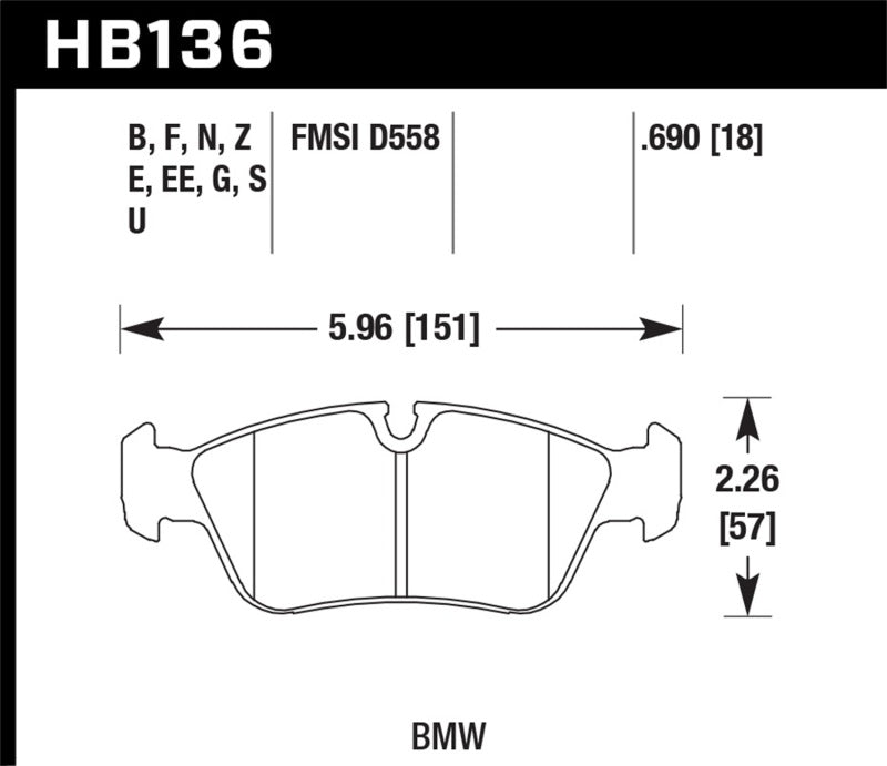Hawk DTC-70 Front Brake Pads - 01-06 BMW 325CI L6-2.5L (HB136U.690) (pad drawing)