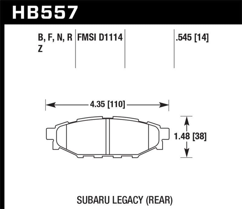Hawk HPS Rear Brake Pads - 08 Subaru WRX / 2013-14 Subaru BRZ (HB557F.545) (pad drawing)