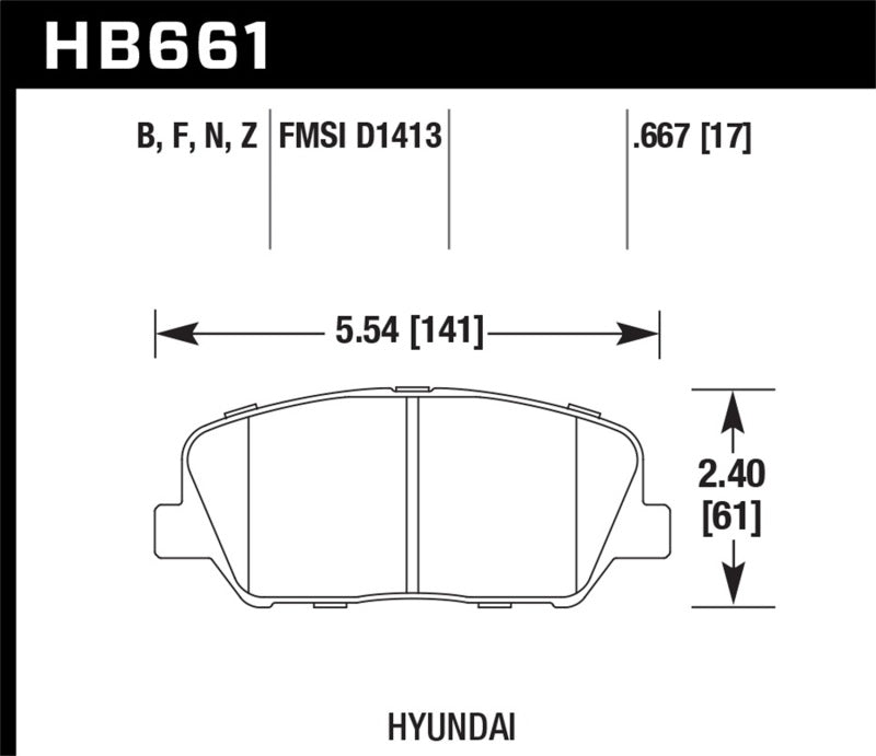 Hawk HPS Front Brake Pads - 10 Hyundai Genesis Coupe Without Track Brakes (HB661F.667) (pad drawing)