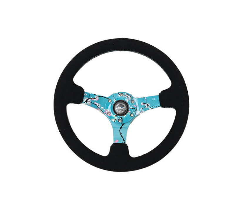 NRG Reinforced Suede Steering Wheel (350mm / 3in. Deep) Hydro Dipped Blossom Floral w/ Teal Stitch (RST-036BLOSSOM-S)