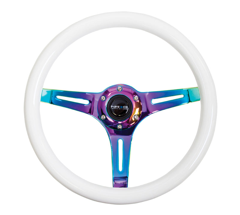NRG Classic Wood Grain Steering Wheel (350mm) Glow-in-the-Dark Green Grip w/ Neochrome 3-Spoke Center (ST-015MC-GL)