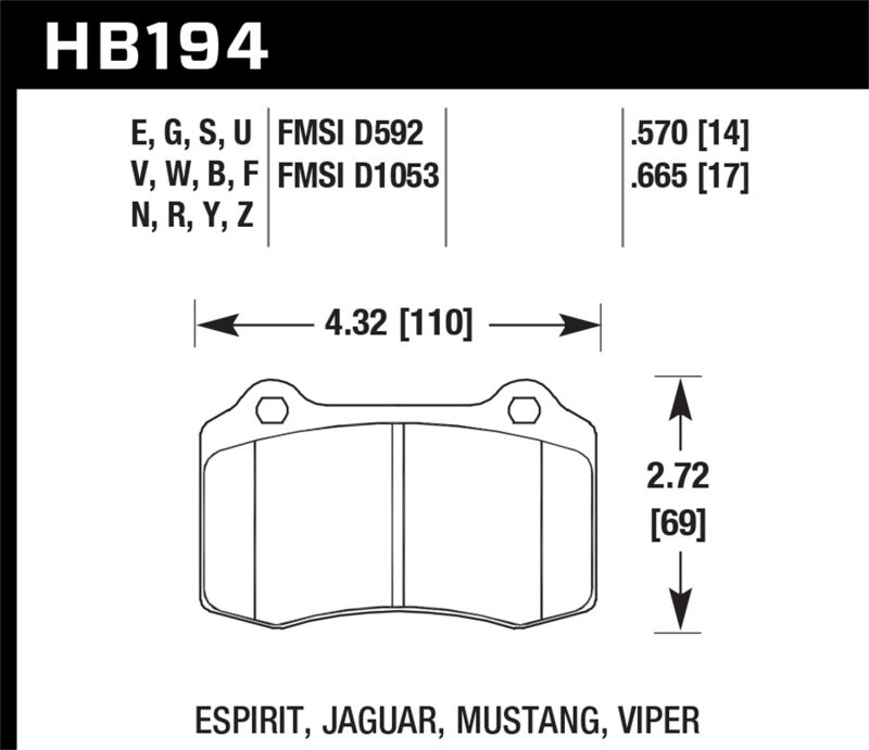 Hawk HP+ Rear Brake Pads - 2010 Camaro SS (HB194N.570) (pad drawing)
