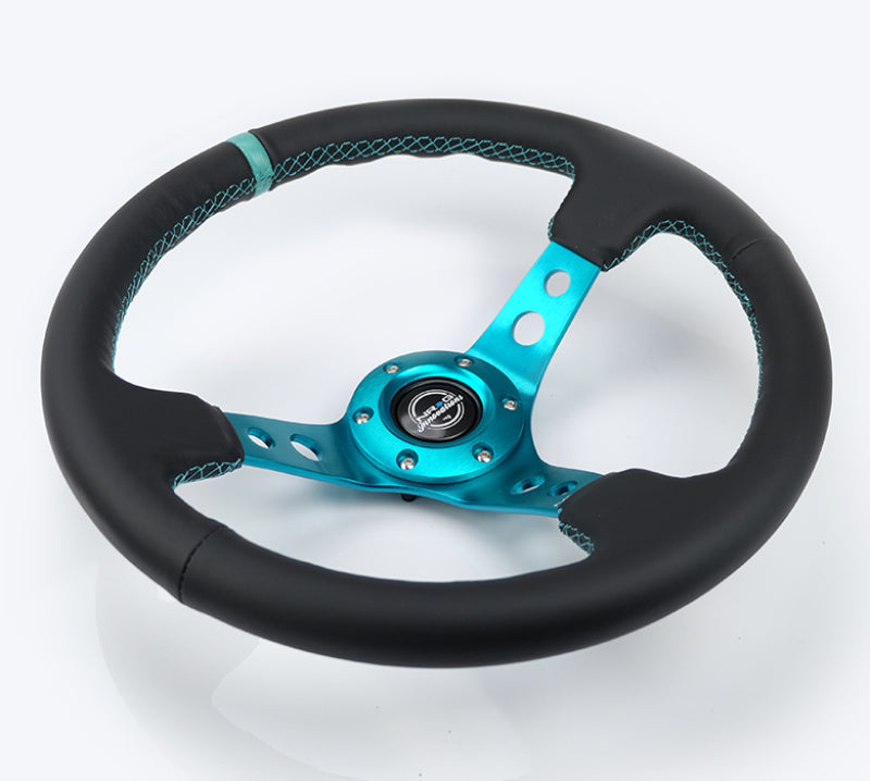 NRG Reinforce Steering Wheel (350mm / 3in. Deep) Black Leather, Teal Center Mark w/ Teal Stitching (RST-006TL) - photo 3