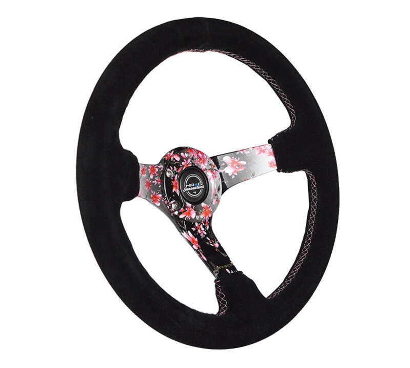 NRG Reinforced Steering Wheel (350mm) 3in Deep Pink Sakura Floral Solid Spoke - Black Suede/Stitch (RST-036SAK-S) - photo 2
