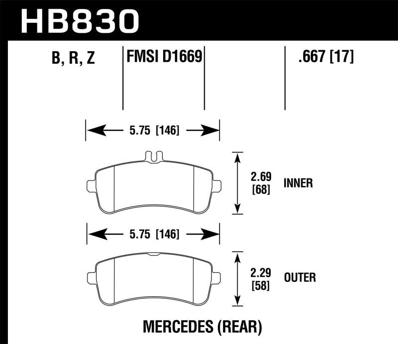 Hawk Performance Ceramic Rear Brake Pads - 13-16 Mercedes-Benz SL63 AMG / SL65 AMG (HB830Z.667) (pad drawing)
