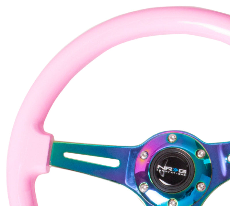 NRG Classic Wood Grain Steering Wheel (350mm) Solid Pink Painted Grip w/ Neochrome 3-Spoke Center (ST-015MC-PK) - photo 3