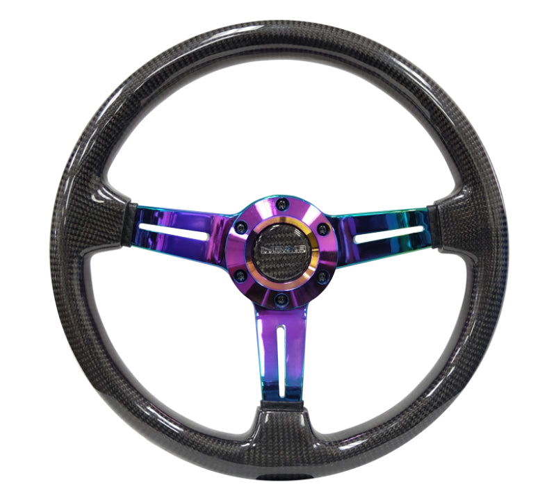 NRG Carbon Fiber Steering Wheel (350mm / 1.5in. Deep) Neochrome 3-Spoke Design w/ Slit Cuts (ST-010MC-CF)