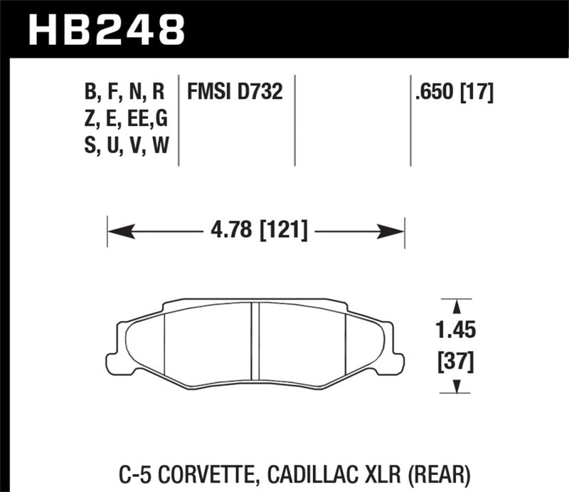 Hawk HPS Rear Brake Pads - 97-06 Corvette (incl C5 Z06) (HB248F.650) (pad drawing)