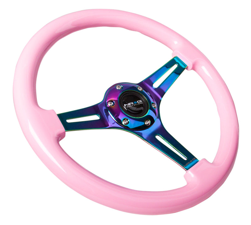 NRG Classic Wood Grain Steering Wheel (350mm) Solid Pink Painted Grip w/ Neochrome 3-Spoke Center (ST-015MC-PK) - photo 2