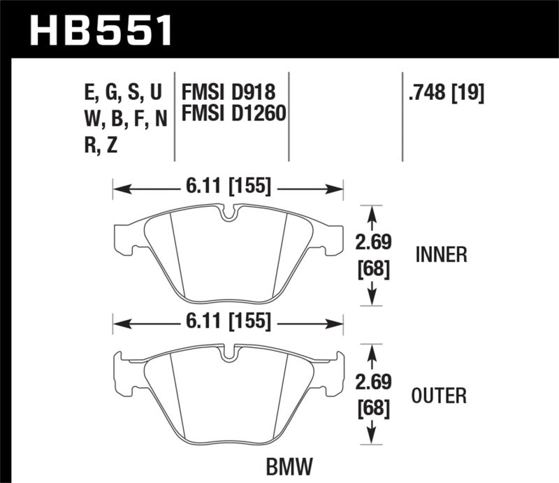 Hawk DTC-30 Front Brake Pads - 09-13 BMW M3 (HB551W.748) (pad drawing)