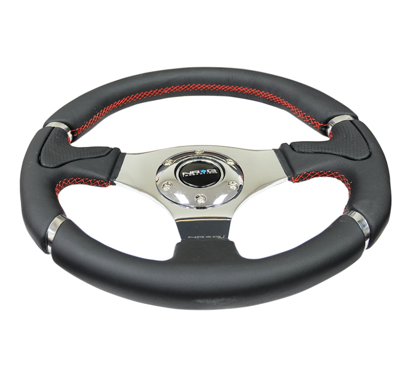 NRG Reinforced Steering Wheel (320mm) Black Leather/Red Stitching w/ Chrome 3-Spoke Center (RST-008R) - photo 3