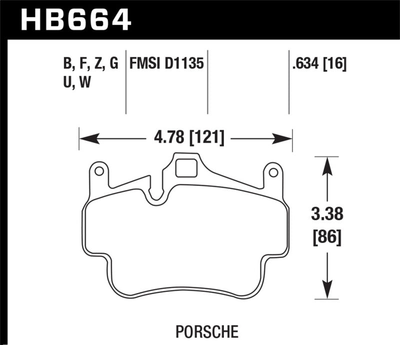 Hawk Performance Ceramic Front Brake Pads - 05-08 Porsche 911 Carrera / 08 Boxster / 07-08 Cayman (HB664Z.634) (pad drawing)