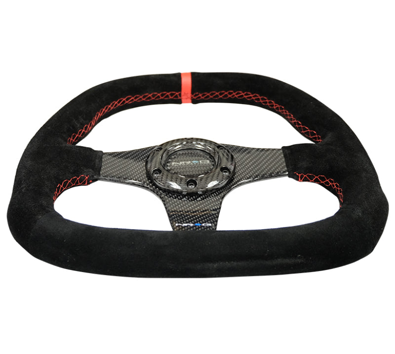 NRG Carbon Fiber Steering Wheel (320mm) Flat Btm. Black Suede/Red Stitch w/ CF Spokes & Red Center Mark (ST-019CF) - photo 3