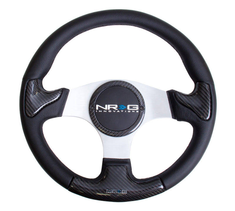 NRG Carbon Fiber Steering Wheel (350mm) Silver Frame Black Stitching w/ Rubber Cover Horn Button (ST-014CFSL)