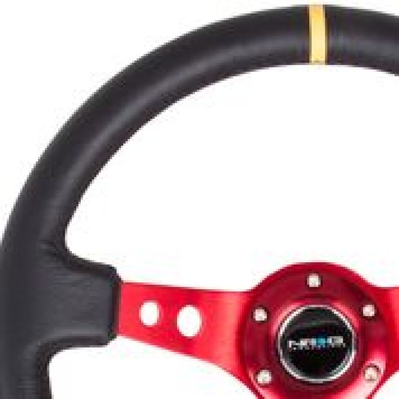 NRG Reinforced Steering Wheel (350mm / 3in. Deep) Black Leather w/ Red Spokes & Sgl Yellow Center Mark (RST-006RD-Y)