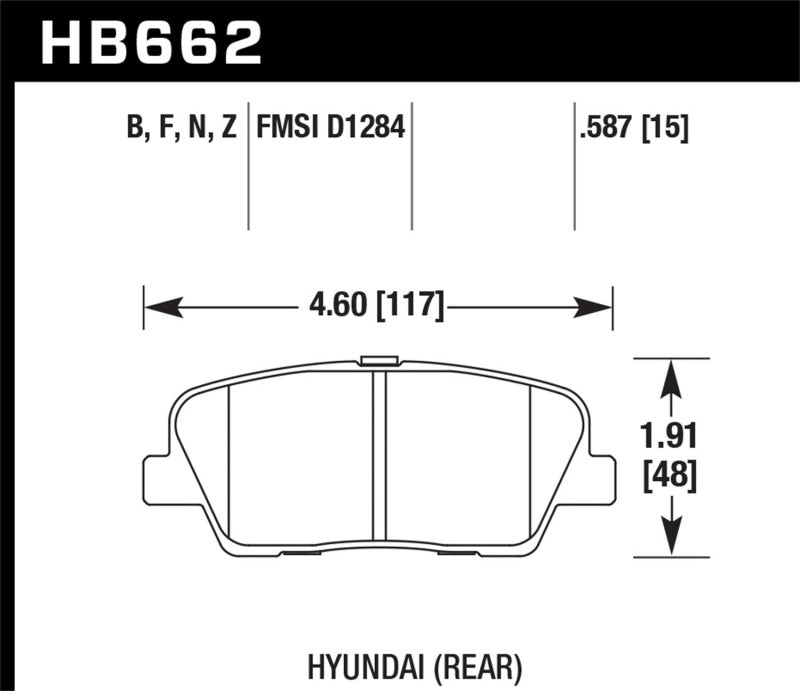 Hawk HPS Rear Brake Pads - 10 Hyundai Genesis Coupe Without Track Brakes 15mm (HB662F.587) (pad drawing)