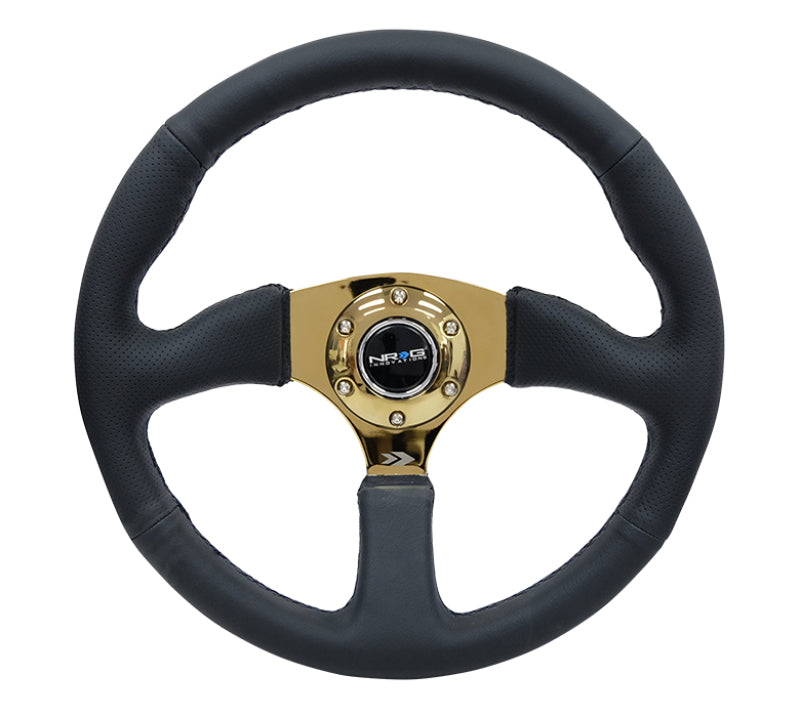 NRG Reinforced Steering Wheel (350mm / 2.5in. Deep) Leather Race Comfort Grip w/ 4mm Gold Spokes (RST-023GD-R)