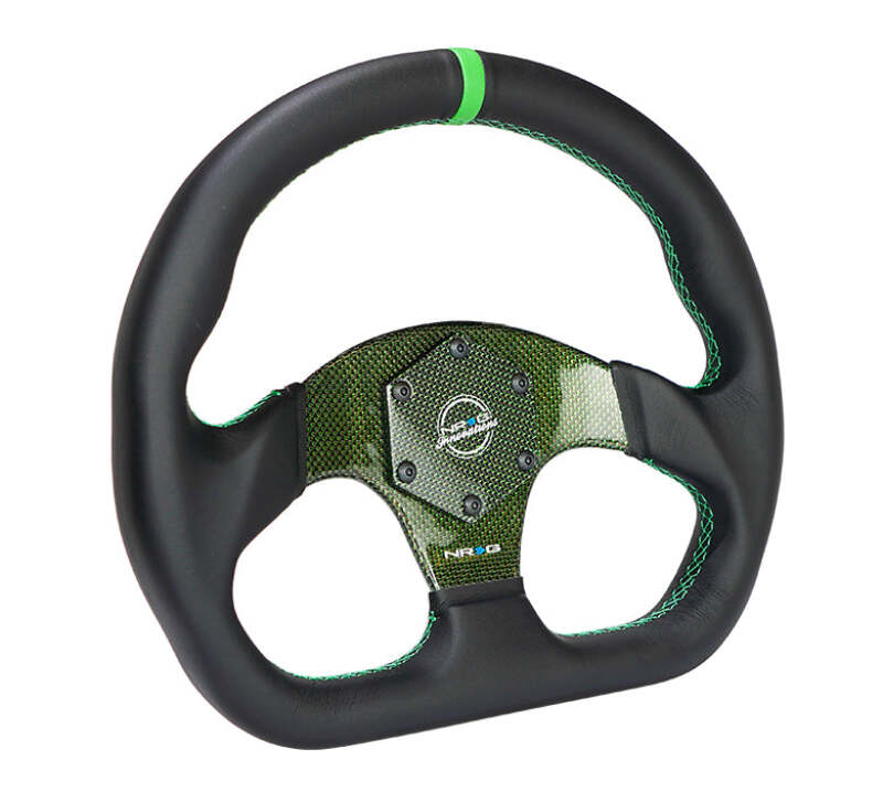 NRG Carbon Fiber Flat Bottom Steering Wheel (320mm) Green CF Center w/ Green Stitch/Center Mark (RST-024CF/GN)