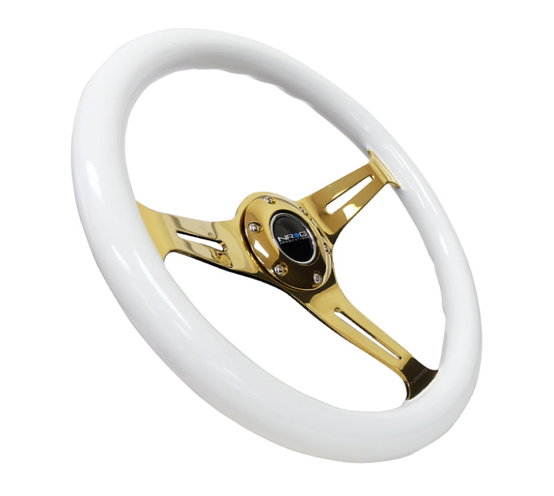 NRG Classic Wood Grain Steering Wheel (350mm) White Grip w/ Chrome Gold 3-Spoke Center (ST-015CG-WT) - photo 2