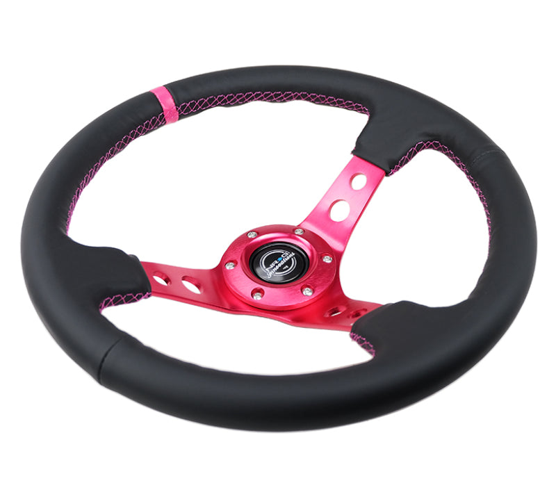 NRG Reinforced Steering Wheel (350mm/3in. Deep) Black Leather/ Fuchsia Center Mark/ Fuchsia Stitching (RST-006FH) - photo 3
