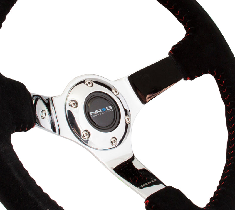NRG Reinforced Steering Wheel (350mm / 3in. Deep) Black Suede w/ Red BBall Stitch & Chrome 3-Spoke (RST-036CH-S) - photo 3