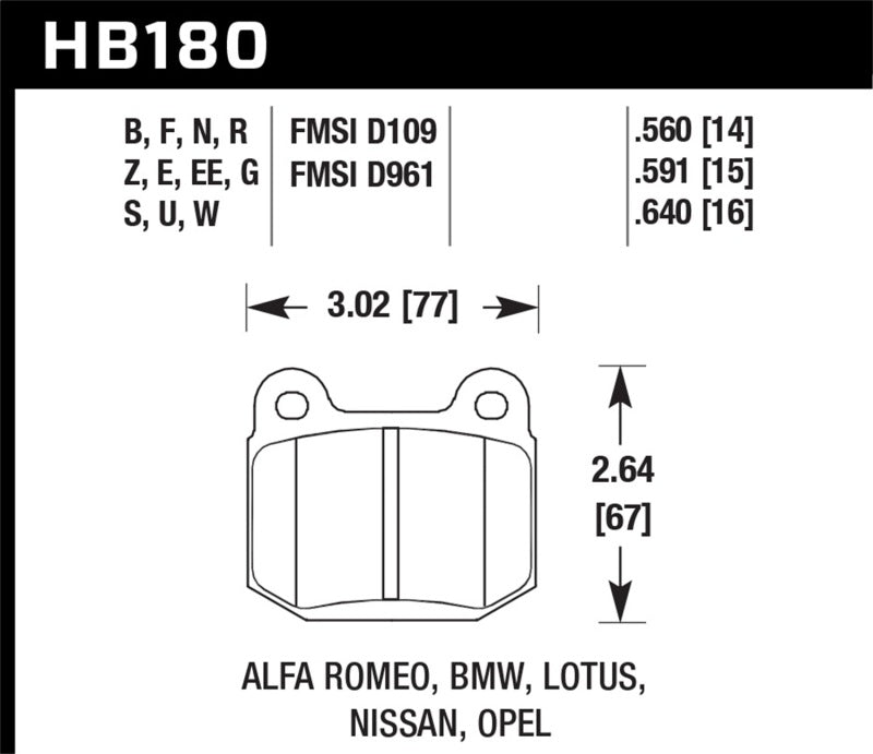 Hawk HPS Rear Brake Pads - 03-06 Evo / 04-09 STi / 03-07 350z Track (HB180F.560) (pad drawing)