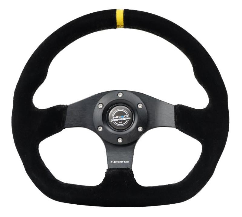 NRG Reinforced Steering Wheel (320mm) Sport Suede Dual Push Buttons Flat Bottom w/ Yellow Center (RST-024D-MB-S-Y)