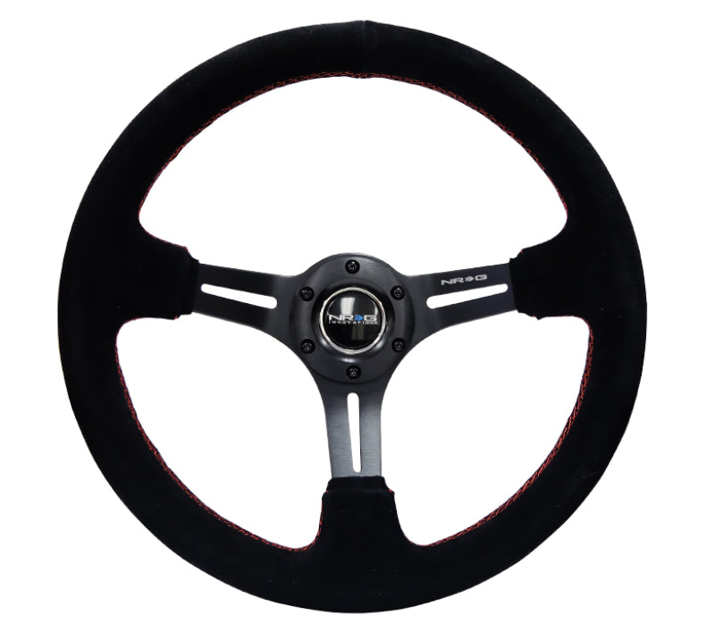 NRG Reinforced Steering Wheel (350mm / 3in. Deep) Black Suede w/ Red Stitching & 5mm Spokes w/ Slits (RST-018S-RS)