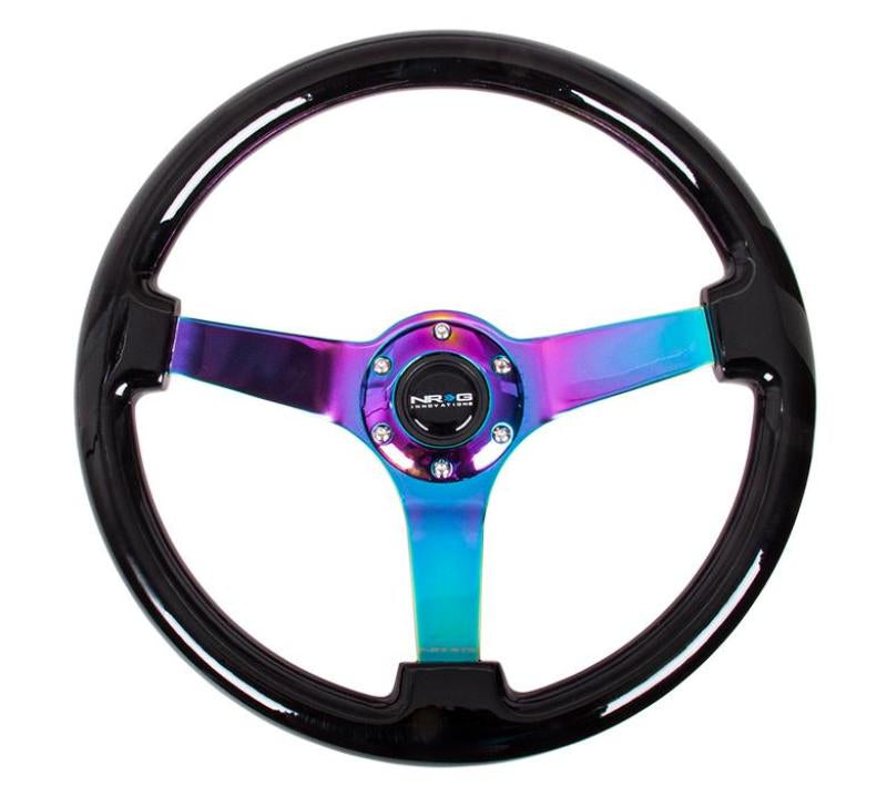 NRG Reinforced Steering Wheel (350mm / 3in Deep) Classic Black Wood Grain w/ Neochrome 3-Spoke Center (RST-036BK-MC)