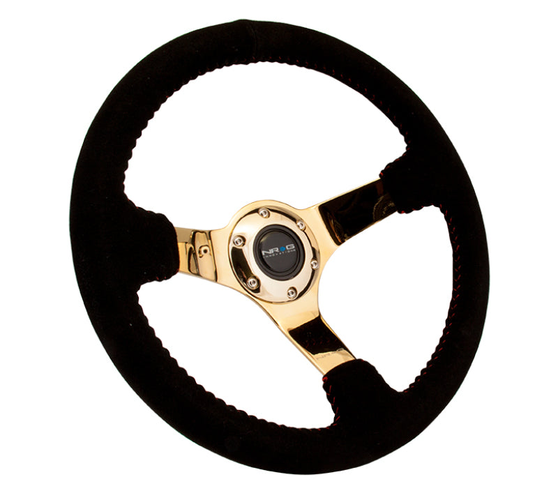 NRG Reinforced Steering Wheel (350mm / 3in. Deep) Black Suede w/ Red BBall Stitch & Chrome Gold 3-Spoke (RST-036GD-S) - photo 2