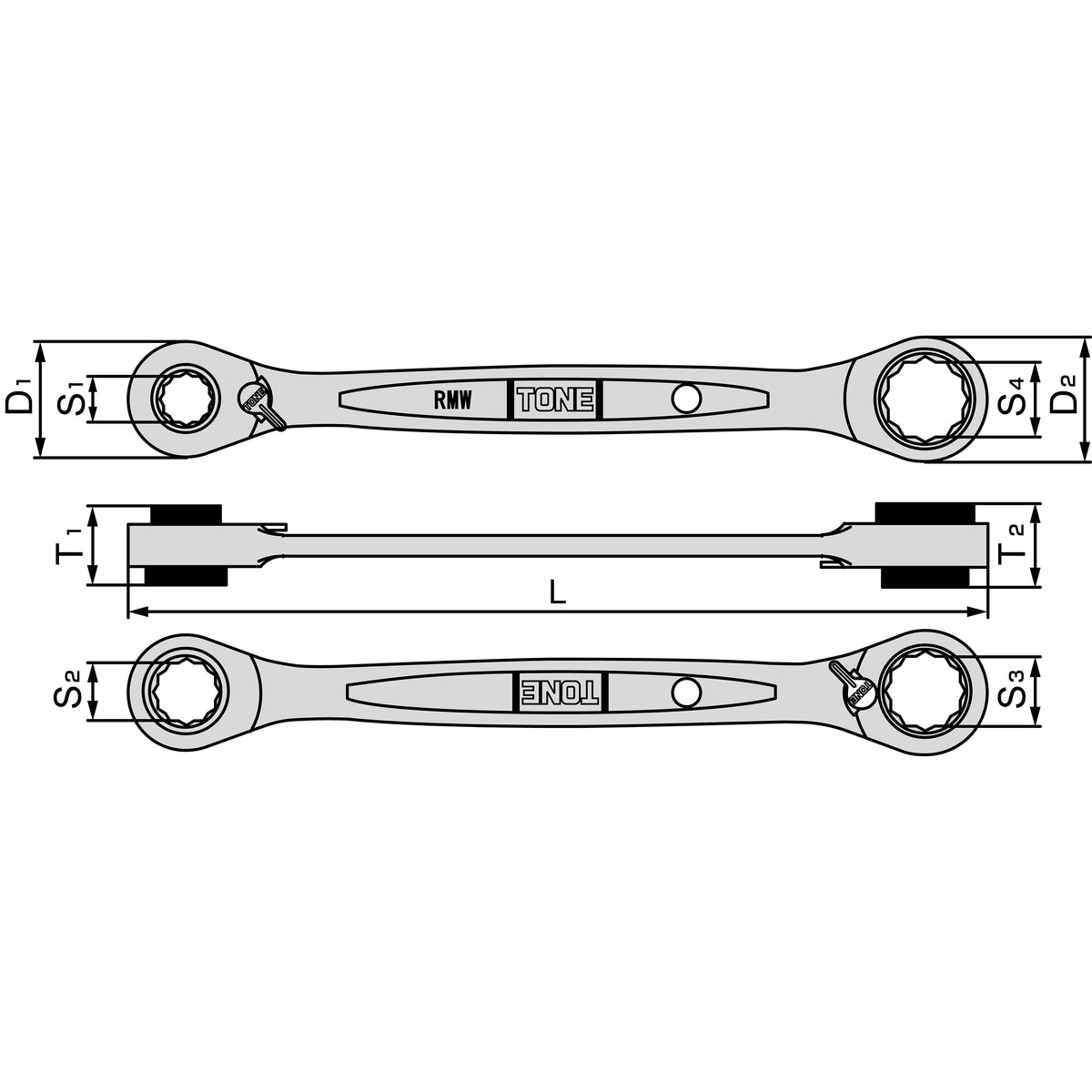 TONE Ratchet Ring Wrench, 4-Way RMW Series